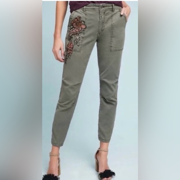 Anthropologie Pants - Anthropologie green Cargo Pants cropped The Wanderer Beaded Flowers size 30